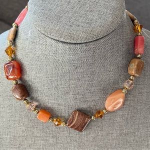 Beaded Necklace Orange & Strawberry Quartz, Jasper & Crystal 18”